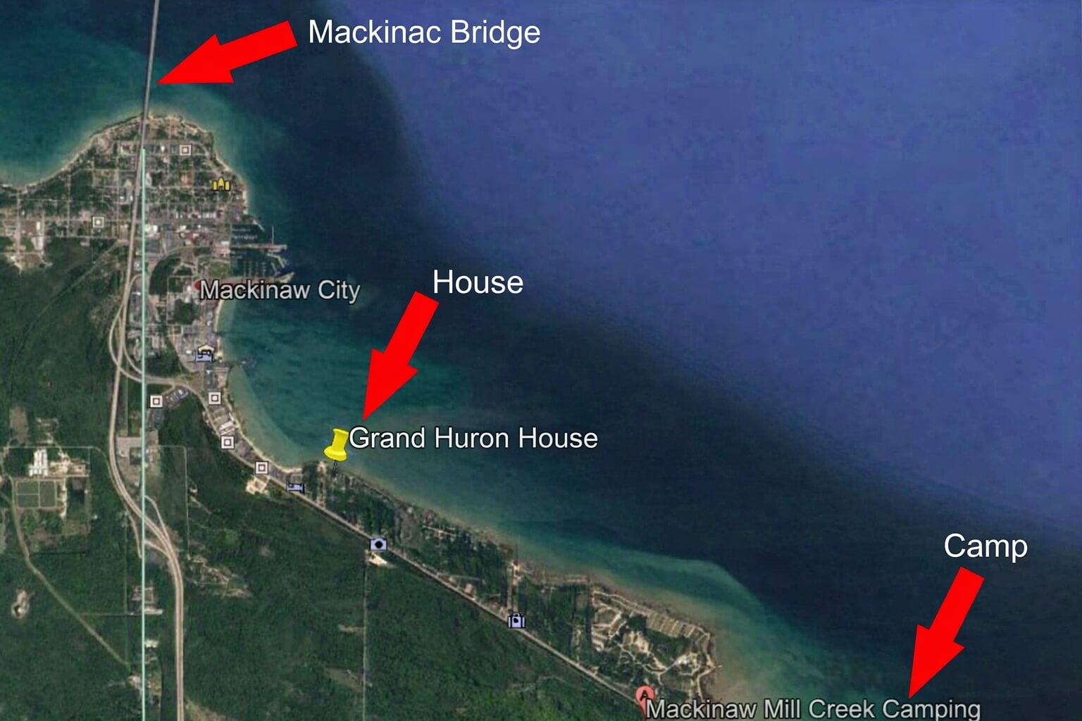 Location of Huron House Rental by Mackinaw Mill Creek Camping in Mackinaw City, MI