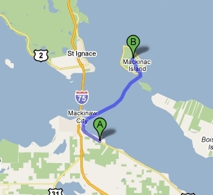 Map of directions from the Mackinac Island Area to Mackinaw Mill Creek Camping in Mackinaw City, MI.