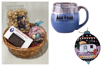 Photo of Camping Gift Basket with Blue Mug, Airstream Ornament & Treats. © 2017 Frank Rogala.