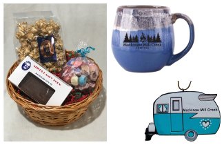 Photo of Camping Gift Basket with Blue Mug, Vintage Camper Ornament & Treats. © 2017 Frank Rogala.