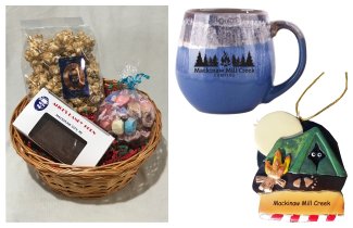 Photo of Camping Gift Basket with Blue Mug, Tent Ornament & Treats. © 2017 Frank Rogala.