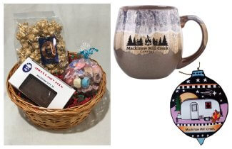 Photo of Camping Gift Basket with Brown Mug, Airstream Ornament & Treats. © 2017 Frank Rogala.