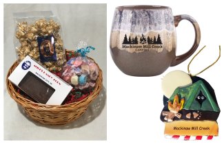 Photo of Camping Gift Basket with Brown Mug, Tent Ornament & Treats. © 2017 Frank Rogala.