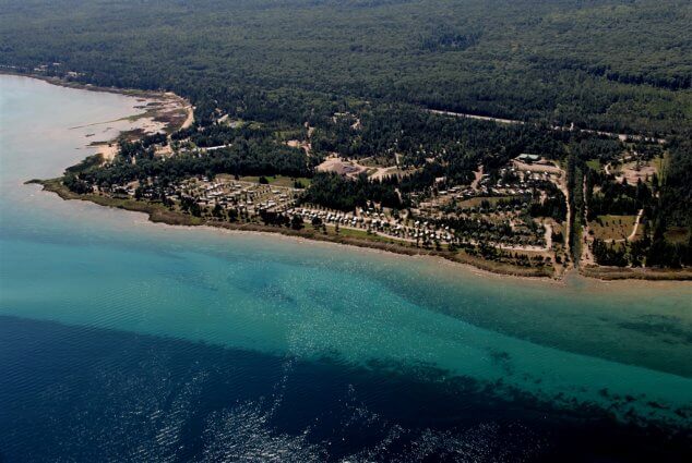 Bird's-eye view from onshore of Mackinaw Mill Creek Camping in Mackinaw City, MI. © 2016 Frank Rogala.