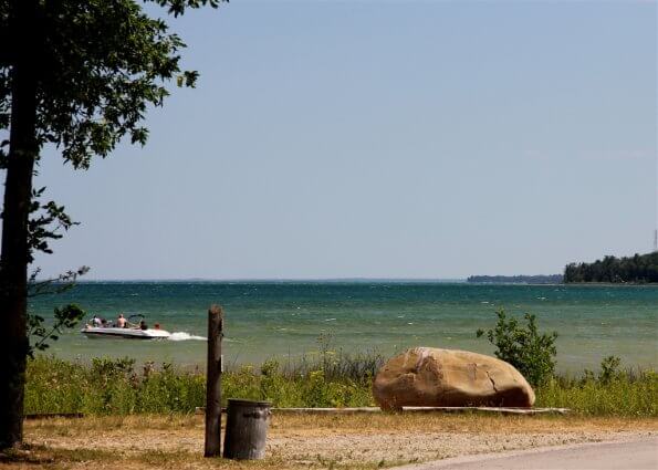 Photo of boat on Lake Huron from Mackinaw Mill Creek Camping in Mackinaw City, MI. © 2016 Frank Rogala.