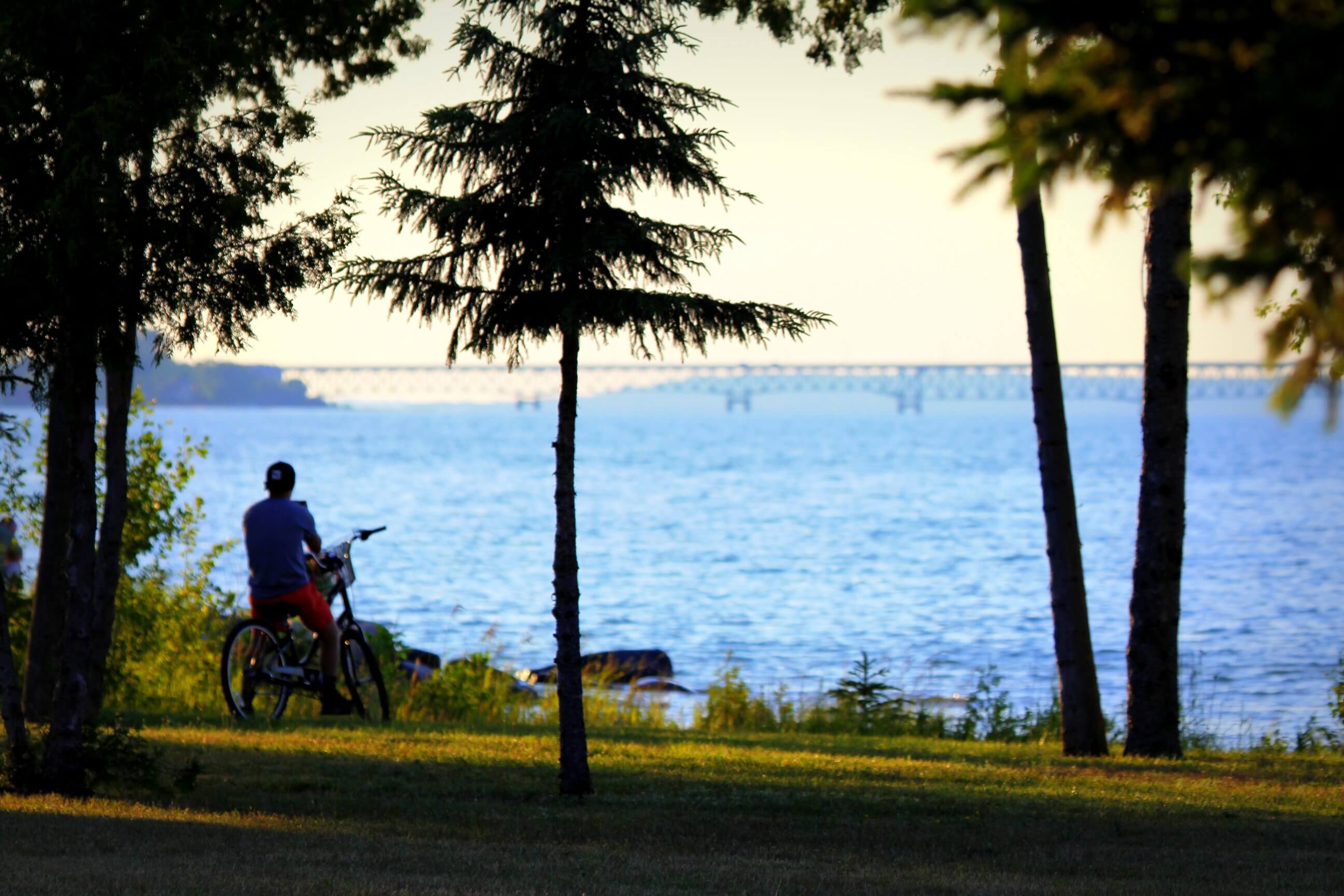 Photo of Mackinac Bridge, seen from shoreline of Mackinaw Mill Creek Camping in Mackinaw City, MI. © 2020 Frank Rogala.