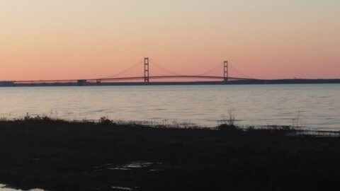 View of Mackinac Bridge from the motel room shoreline. © Frank Rogala.