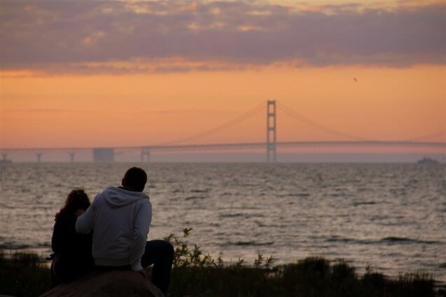 Photo of a sunset behind the Mackinac Bridge from Mackinaw Mill Creek Camping in Mackinaw City, MI. © 2016 Frank Rogala.