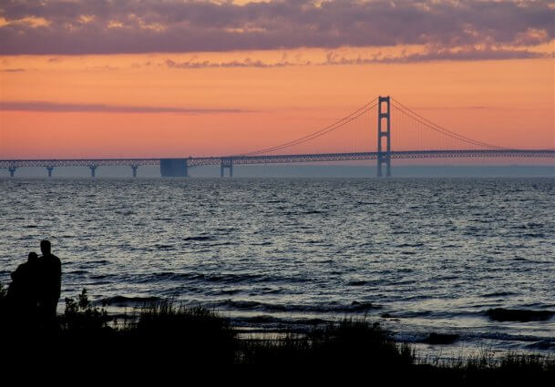 Photo of the Mackinac Bridge during twilight from the shore of Mackinaw Mill Creek Camping in Mackinaw City, MI. © 2016 Frank Rogala.