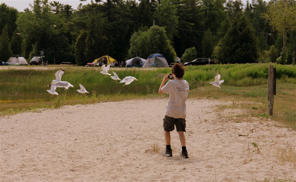 Photo of camper photographing the seagulls at Mackinaw Mill Creek Camping in Mackinaw City, MI. © 2016 Frank Rogala.
