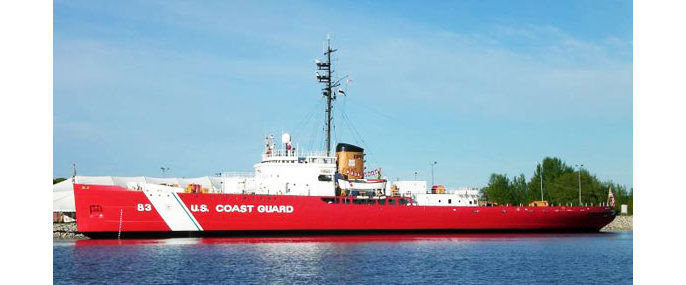 Photo of the Icebreaker Mackinaw WAGB83 on the Cheboygan River, June 2006, photo by Keith Stokes. Image source: hnsa.org.